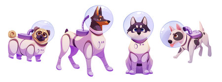 Space dog mascot set - cartoon pug, doberman, husky and bull terrier wearing astronaut suits with protective bubble helmets and life support systems. Cute characters for intergalactic exploration.のイラスト素材