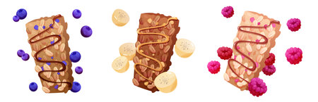 Oatmeal granola bar set with different fruit toppings. Crunchy snacks decorated with chocolate drizzle and blueberry, banana slices and raspberry. Healthy breakfast illustration for packaging design.のイラスト素材