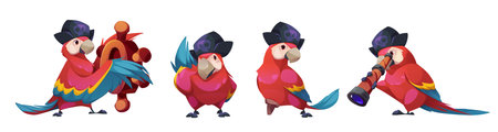 Pirate parrot character set with black hat and skull emblem - crimson feathered bird in different poses with spyglass, steer ship with wooden wheel, standing with wood leg. Macaw mascot design.のイラスト素材