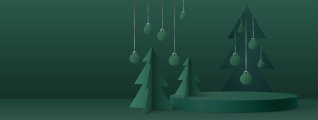 Green minimalist Christmas composition with circular display podium, geometric fir trees, hanging baubles. Backdrop for winter holiday promotions, seasonal product presentations or festive design.のイラスト素材