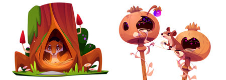 Cartoon forest dwellings - cute fox in tree hole home, mouse in dry seed pod houses. Magical nature scene - wildlife homes with glowing details, grass, decorative mushrooms for fairytale landscape.のイラスト素材