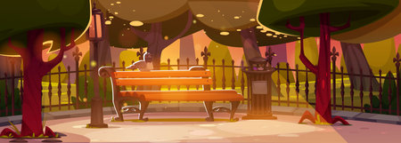 Evening park panorama - bird sitting on wooden bench under glowing sunshine, street lantern, trash bin and metallic fence. Sunset city landscape with magical lighting effect. Downtown public garden.のイラスト素材