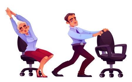 Office workers doing stretching exercises isolated on white background. Vector cartoon illustration of man and woman having yoga workout on break to relax, healthy lifestyle, fitness at workplaceのイラスト素材
