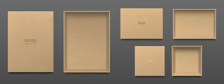 Empty craft paper box mockups set isolated on transparent background. Vector realistic illustration of brown carton package for shoes, holiday gift, open parcel top view, blank space for brandingのイラスト素材