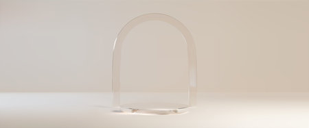 Round podium on light beige background with glass morphism arch. Vector realistic illustration of cosmetic product presentation platform, elegant pastel showroom with transparent stage for advertisingのイラスト素材