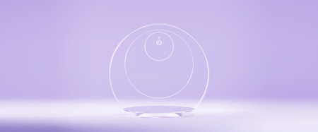Luxury circular glass display podium with delicate rings backdrop on pastel purple background. Minimalist platform space for products presentation. Premium setup with transparent geometric elements.のイラスト素材