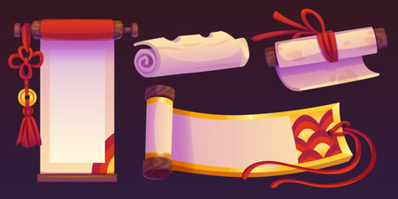 Ancient chinese paper scrolls set isolated on black background. Vector cartoon illustration of rolled blank sheets with golden and red decoration, asian message background, oriental manuscript borderのイラスト素材