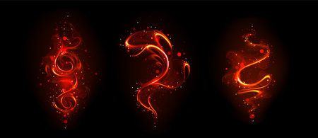 Fiery red magical traces swirling on dark background. Glowing orange wand trails create mystical spiral patterns effect surrounded by luminous sparks. Enchanted fantasy smoke design elements.のイラスト素材