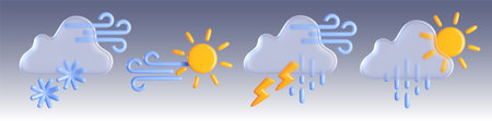 Modern weather forecast symbols in 3d - snowfall with wind, sun with breeze, thunderstorm with lightning and rain drops, drizzle from cloud under bright sunlight. Realistic vector atmospheric elementsのイラスト素材