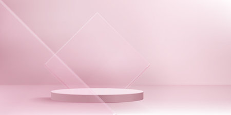 3d pastel pink podium with glass stand on background. Cosmetic product display platform for feminine ad or presentation. Natural limbo light on luxury fashion showcase banner. Modern promotion mockupのイラスト素材