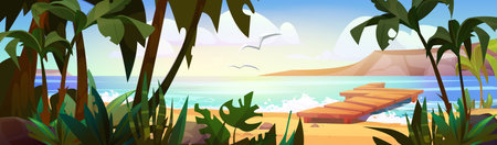 Tropical sea pier surrounded by palm trees, exotic plants, sandy beach. Wooden dock in harbor turquoise water, seagulls and distant mountains. Paradise landscape with gentle waves hit wood jetty.のイラスト素材