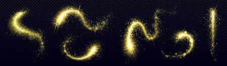 Gold glitter swirls with luminous sparkle effect and magical dust particles. Shimmering curved paths with bright light trails and twinkling stars for festive decoration or fantasy design elements.のイラスト素材