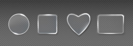 Neon glass frame set with luminous geometric shapes - transparent borders featuring glowing circle, squares and heart outline. Translucent text boxes or title banners light decorative effects.のイラスト素材