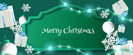 Merry Christmas 3d frame banner on green background decorated with luminous garlands, paper snowflakes, white baubles and wrapped gift boxes with blue ribbons. Festive winter holiday design.のイラスト素材