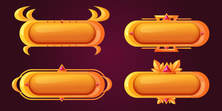 Golden game buttons set isolated on black background. Vector cartoon illustration of medieval yellow frames decorated with leaves and ruby gemstones, user interface menu design, ancient style bordersのイラスト素材