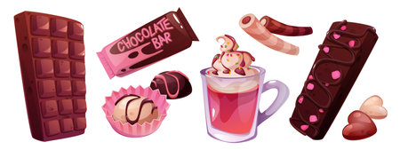 Chocolate bar and cup of hot sweet drink isolated on white background. Vector cartoon illustration of bitter dark, milk and white cacao dessert, heart shape candies in paper wrapping, cafe bannerのイラスト素材