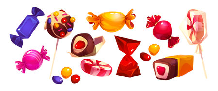 Lollipop sweets with glossy wrappers set - decorated chocolate candies, elly beans, striped peppermint circles, wrapped caramels, crystalline sugar sticks. Colorful confectionery items for shop designのイラスト素材