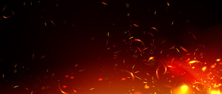 Fire sparks flying on black background. Vector realistic illustration of hot orange sparkles and smoke rising above bonfire flame at night, burning fireplace or grill, wildfire danger, heat energyのイラスト素材
