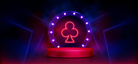 3d casino podium with neon light. Club poker card glow on gambling design. Futuristic led template in blue and red for web playing platform. Night electric symbol with bulb and laser illustrationのイラスト素材