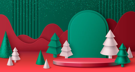 Christmas 3d scene with circular podium surrounded by geometric green and white pine trees, green arch and waves on wall. Circular platform for xmas seasonal product displays and holiday promotions.のイラスト素材