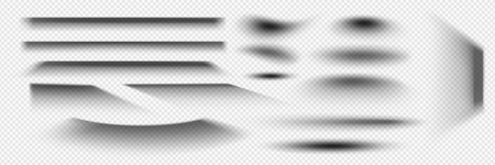 Various transparent shadows and straight linear to curved shapes on white background. Different intensity levels with depth and shading effects. Realistic shade elements for digital design overlays.のイラスト素材