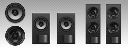 Black audio speaker systems of different configurations - single round units and rectangular textured enclosures with multiple drivers. Realistic 3d professional sound equipment with metallic cones.のイラスト素材