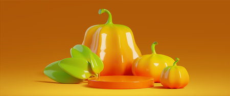 3d composition with orange circular podium surrounded by glossy yellow pumpkins and bright green leaves on warm gradient background. Vector seasonal product display and fall promotional designs.のイラスト素材
