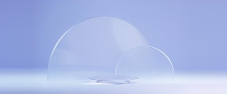 3d blue glass podium. Luxury cosmetic platform in abstract studio. Empty shiny crystal pedestal on...