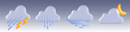 3d weather icon with cloud, rain and sun vector. Rainy and lightning forecast element set for app or widget interface. Meteorology concept for precipitation per day. Glass graphic with blue and yellowのイラスト素材