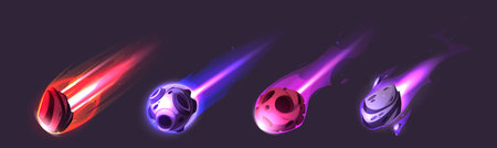 Glowing asteroid and comet collection with colorful fire trails. Celestial meteors with red, blue, pink, purple flames, luminous cosmic rocks, blazing space debris for cosmic galaxy arcade games.のイラスト素材
