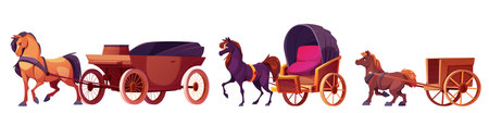 Cartoon horse and cart transport collection. Elegant brown stallions harnessed to antique vehicles - luxury carriage, vintage phaeton, wooden delivery wagon. Historical fairytale or game assets.のイラスト素材
