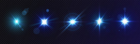 Glowing glint collection - bright blue lens flares with shining centers, gradient rays and sparkling effects on transparent background. Shimmer elements and magical sparkles for cosmic light effect.のイラスト素材