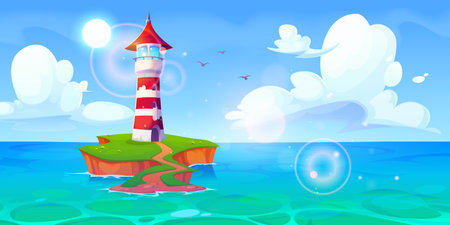 Cartoon lighthouse landscape with red and white striped beacon standing on grassy cliff island in turquoise sea. Bright sunny scene with winding path, flying birds, fluffy clouds, glowing lens flares.のイラスト素材