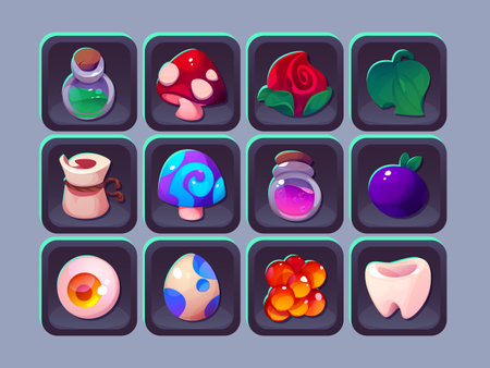 Game inventory icon collection with magical items - potion bottles with glowing liquids, spotted mushrooms, enchanted rose, green leaf. Fantasy set with scroll, colorful egg, mystic berry artifact.のイラスト素材