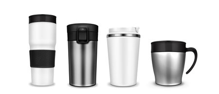 Tumbler cup mockup collection with stainless steel and white metallic designs. Various travel beverage containers with different handles, lids and heat protection bands. Reusable drink carriers.のイラスト素材