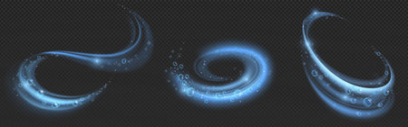 Luminous bubble swirl effects in blue color with transparent spheres along curved paths. Glowing spiral trails with floating orbs. Magical underwater fantasy whirlpool elements with detergent foam.のイラスト素材