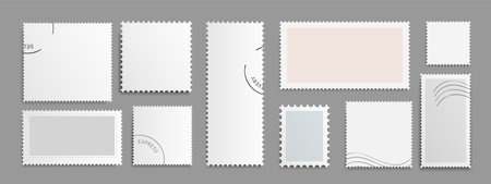 Postal stamp mockup set with express postmark prints - white rectangular frames in different dimensions and perforated borders. Clean shapes for philately collection, mail stationery or scrapbooking.のイラスト素材