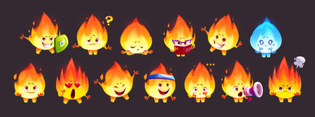 Cute flame mascot emotions and actions set - fiery character brave with shield, confused and sleeping, reading book, with happy and upset expressions. Kawaii burning personage displaying feelings.のイラスト素材