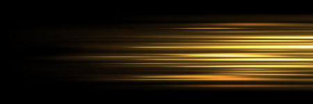 Speed light effect with golden rays stretching horizontally - bright luminous streaks creating motion blur on dark background. Dynamic glowing lines for high velocity movement futuristic design.のイラスト素材