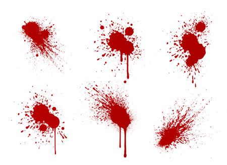 Blood splash collection - red stains with dripping streams and scattered droplets on white surface. Various spatter design patterns with explosive bursts, flowing streaks and speckled spray marks.のイラスト素材
