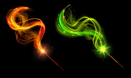 Magic wands set isolated on black background. Vector realistic illustration of neon orange, green light trails, sparkling fairytale swirls with glowing glitter particles, fantasy spell energy vortexのイラスト素材