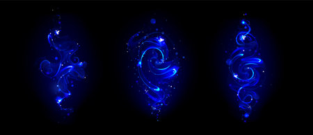 Magic wand effects set isolated on black background. Vector realistic illustration of neon blue light trails, sparkling fairytale swirls with glowing glitter particles, fantasy spell energy vortexのイラスト素材