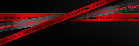 Diagonal crimson red and dark ribbons with Black Friday text on dusky background. Realistic 3d vector background with tape and sign for sale banners, promotional design or seasonal advertising.のイラスト素材
