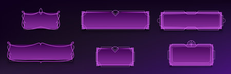 Purple classic frames set isolated on black background. Vector realistic illustration of blank rectangular borders with victorian style neon line ornament, game button, user interface design elementsのイラスト素材