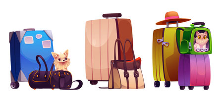 Pet travel baggage set isolated on white background. Vector cartoon illustration of cute dog in bag, funny cat in backpack, trip luggage and big suitcases, animal transportation, tourism accessoriesのイラスト素材