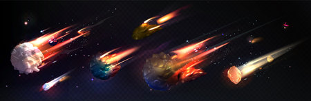 Flying asteroids set isolated on transparent background. Vector realistic illustration of space comet with burning tail falling in dark sky, meteor with fire trail, shooting stars glowing in darknessのイラスト素材