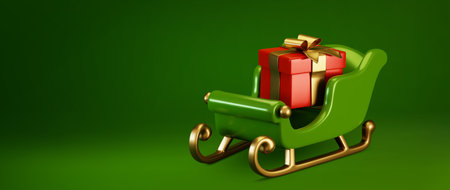 3D Christmas sleigh and gift box on green background. Vector realistic illustration of red present package with golden ribbon bow in Santa Claus sled, magic transport, holiday sale banner templateのイラスト素材