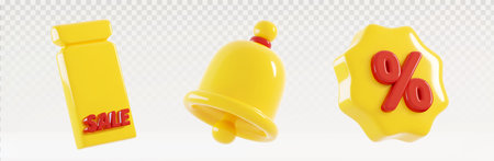 3D discount coupon icons set - bright yellow price tag with red sale text, notification bell, percentage symbol on starburst shape. Glossy promotional elements for retail marketing and promo banners.のイラスト素材