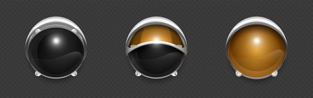 Realistic 3d astronaut helmet visors set - metallic space headgear with black and golden reflective glass, protective mounting brackets, and glossy surface details. Cosmic exploration suit elements.のイラスト素材