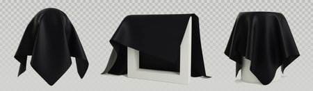 Cover cloth reveal showing draped black fabric on different shapes. Realistic textile simulation with material folds, shadows and illumination effects. Product presentation or promotion display.のイラスト素材